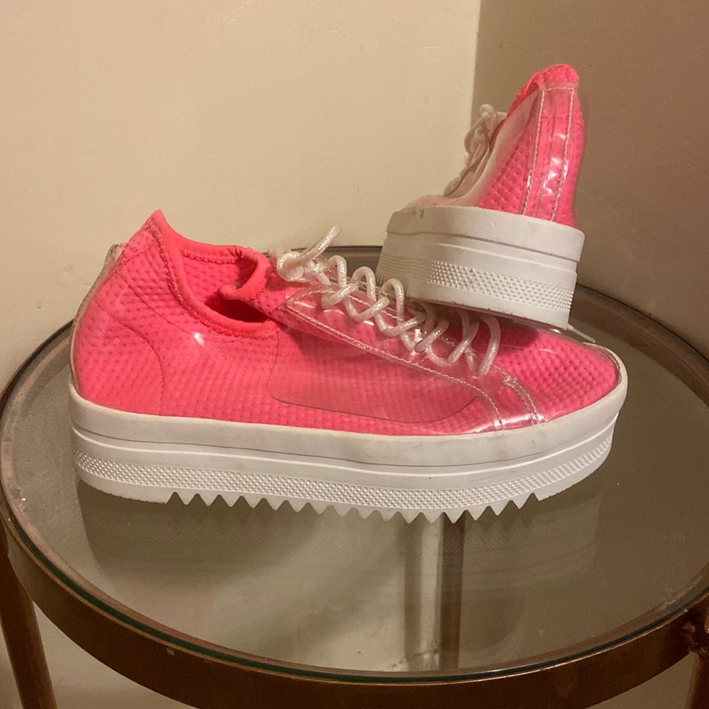 Pink and clear plastic platform sneakers